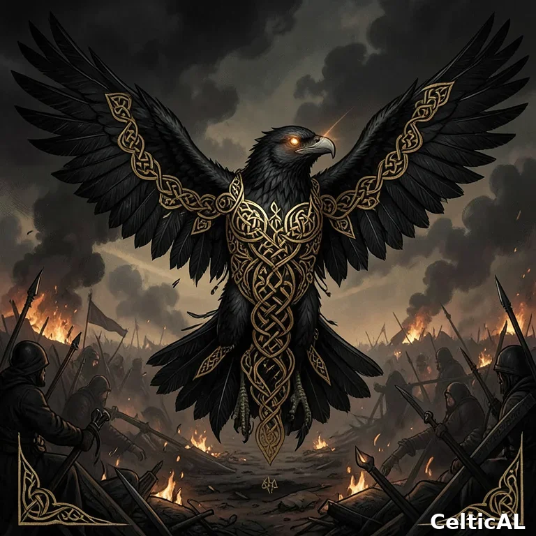 Il corvo della Morrigan con ali a intrecci celtici sul campo di battaglia