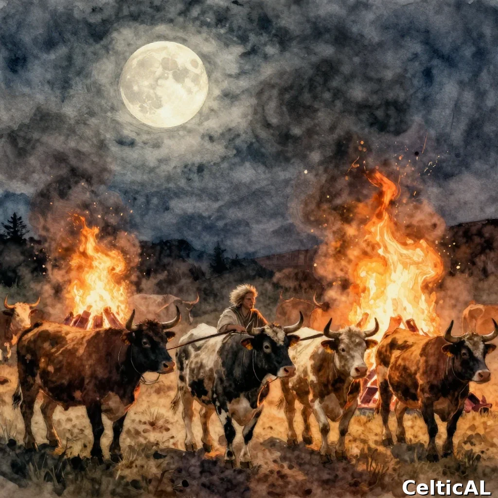 Bestiame condotto fra due falò di Beltane sotto la luna piena, mentre un uomo accende la pira con una torcia