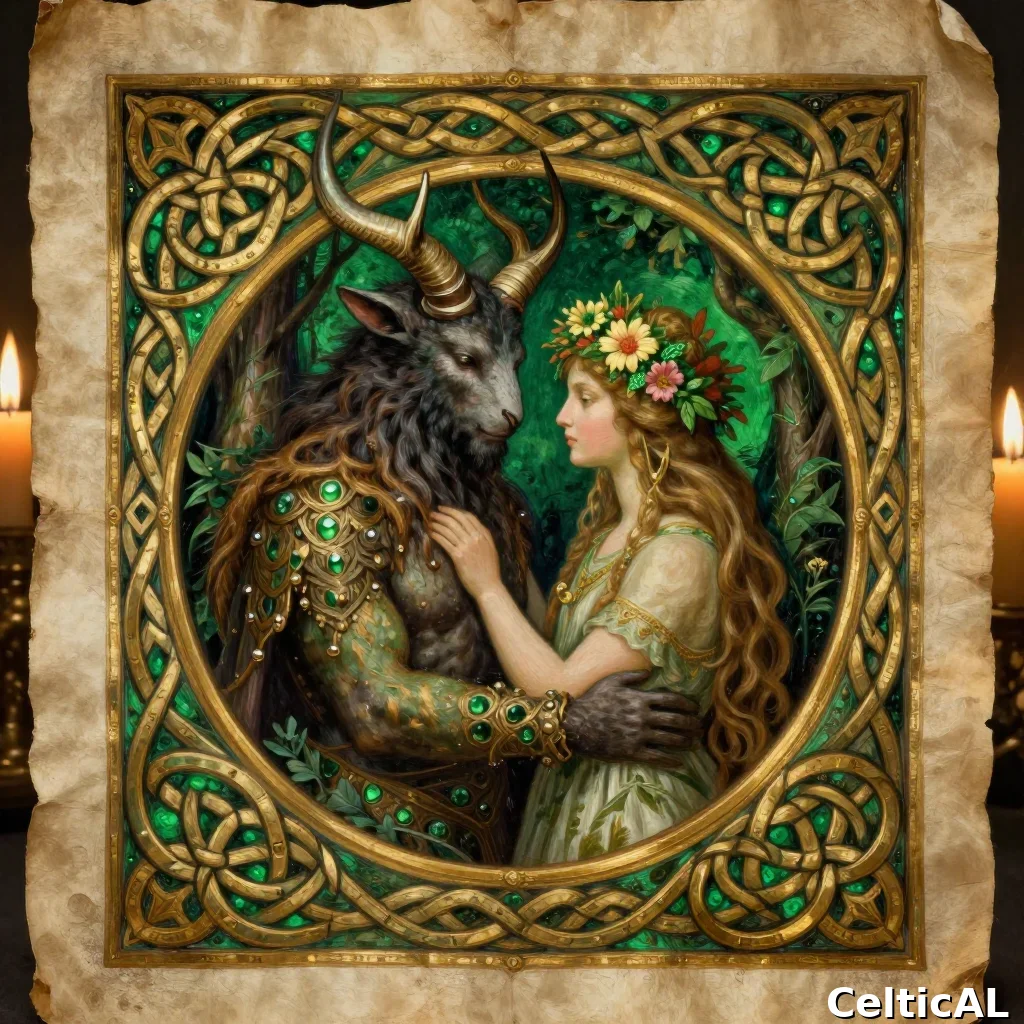 Coppia divina di Beltane: dio cornuto del bosco e dea in ghirlanda di biancospino, dentro cornice di nodi celtici