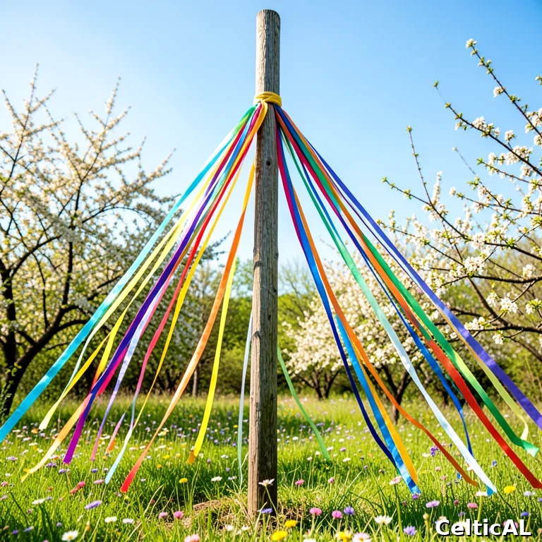 Palo di maggio decorato in un prato fiorito