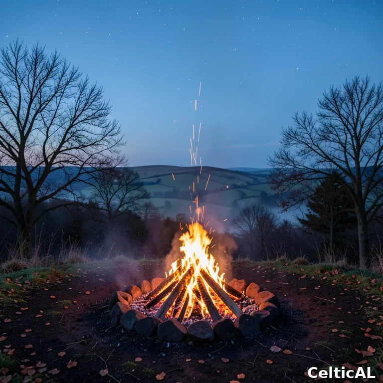 Falò di Samhain su una collina irlandese al crepuscolo