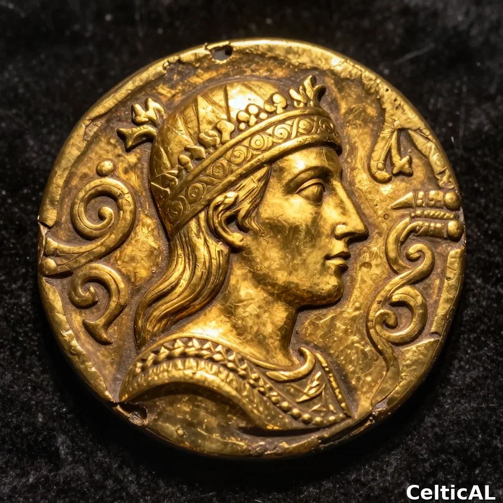 Moneta gallica d'oro con profilo di guerriero celtico e motivi a spirale