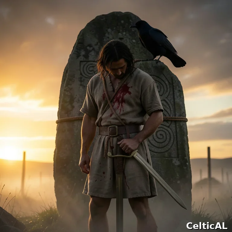 Cú Chulainn legato alla pietra con il corvo della Morrigan sulla spalla