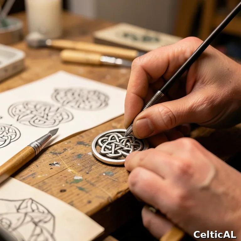 Artigiano contemporaneo lavora knotwork in argento