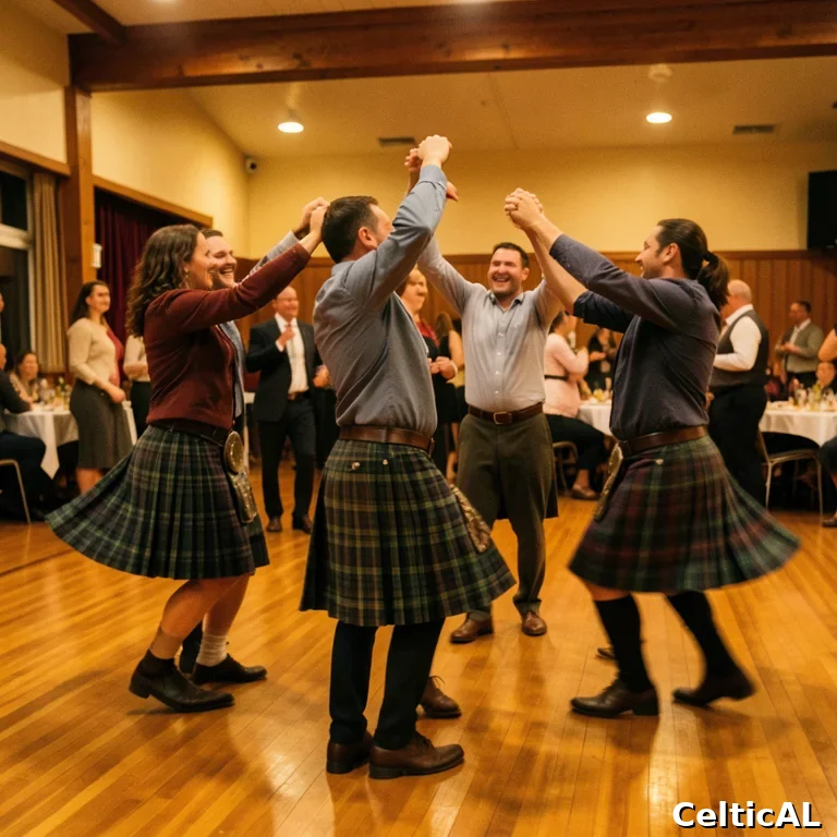Coppie in mid-spin durante una danza ceilidh