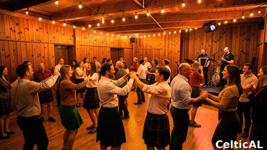 Ceilidh: danza di gruppo tradizionale celtica con musicisti e ballerini