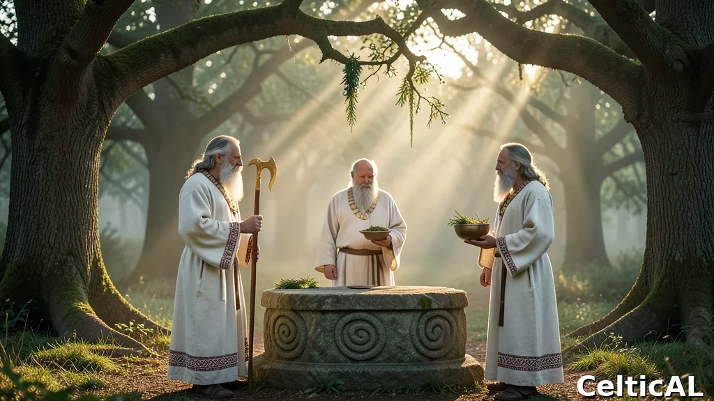 Druidi celtici in cerimonia in un bosco sacro al solstizio