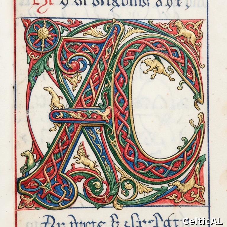 Iniziale miniata in stile insulare irlandese con interlace celtico