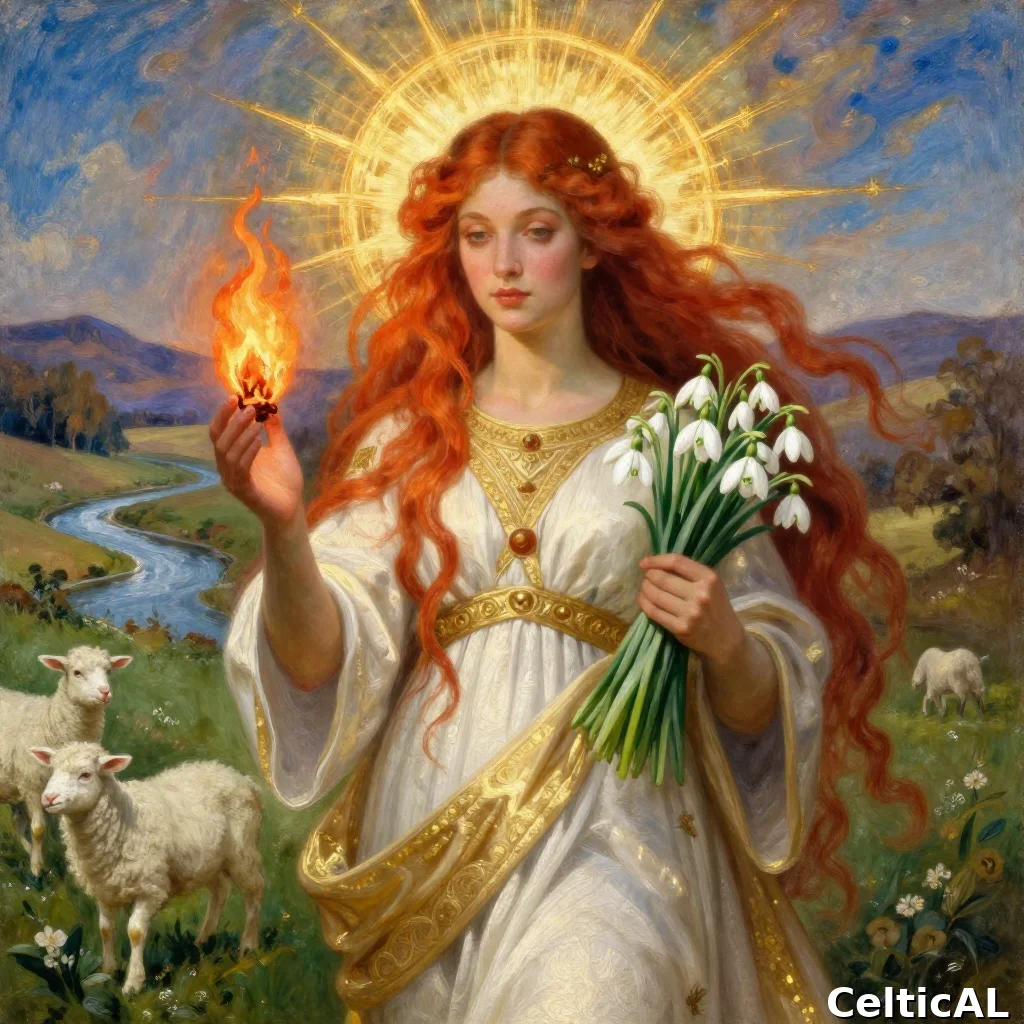 Brigid, dea celtica del triplice fuoco, con halo dorato, bucaneve e agnelli