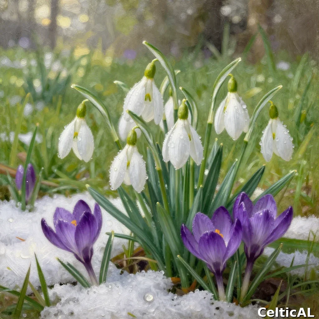 Bucaneve e crochi viola tra la neve che si scioglie, primi segni della primavera