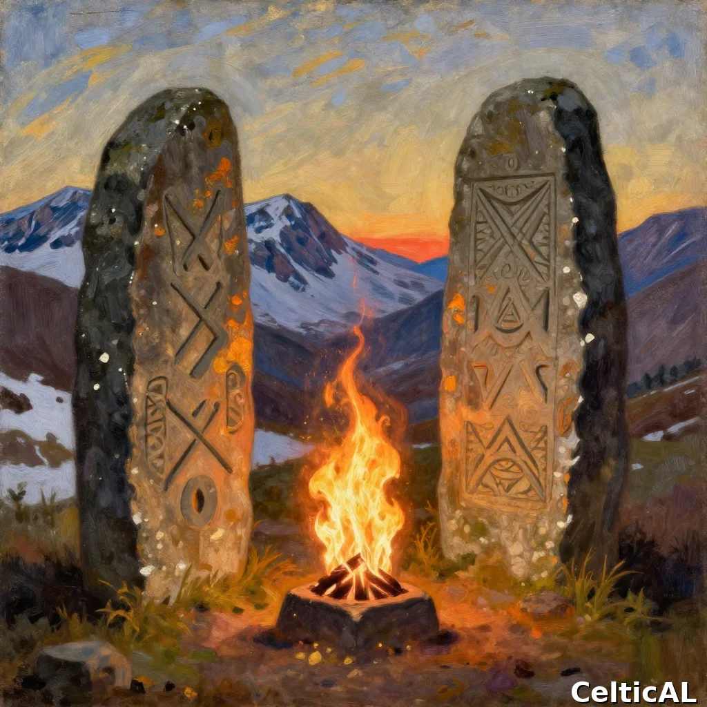 Fuoco sacro di Brigida tra due steli ogham, montagne innevate sullo sfondo