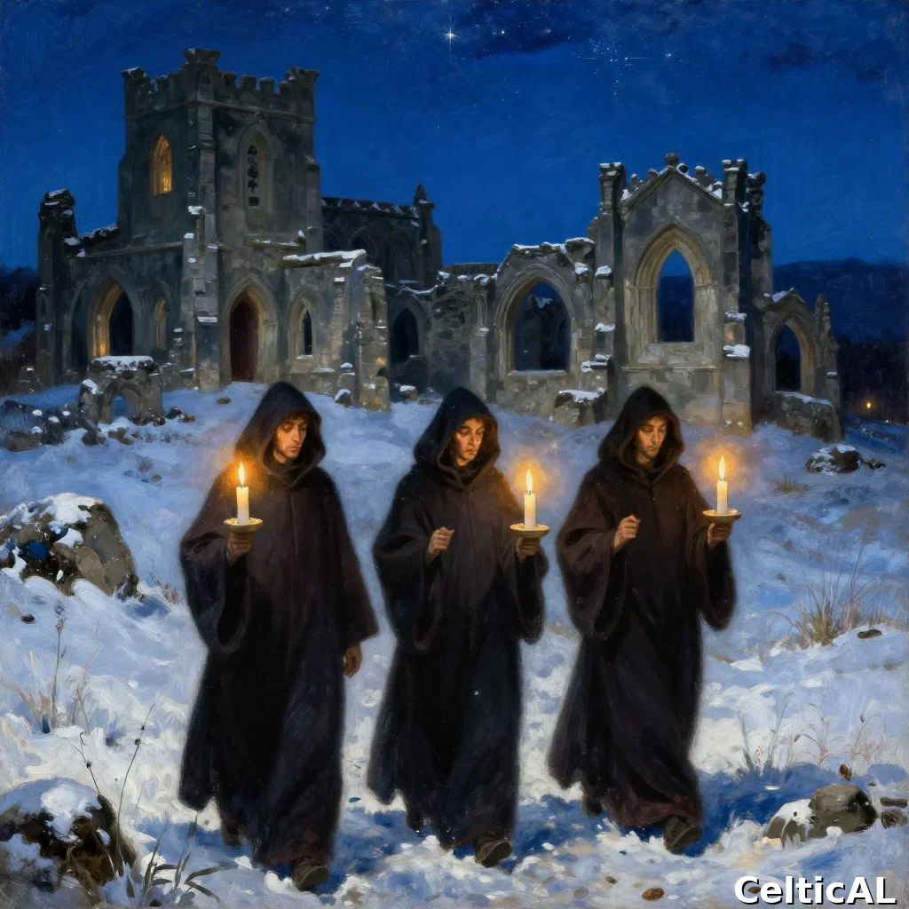 Processione notturna con candele verso le rovine di un'abbazia celtica, simbolismo della Candelora