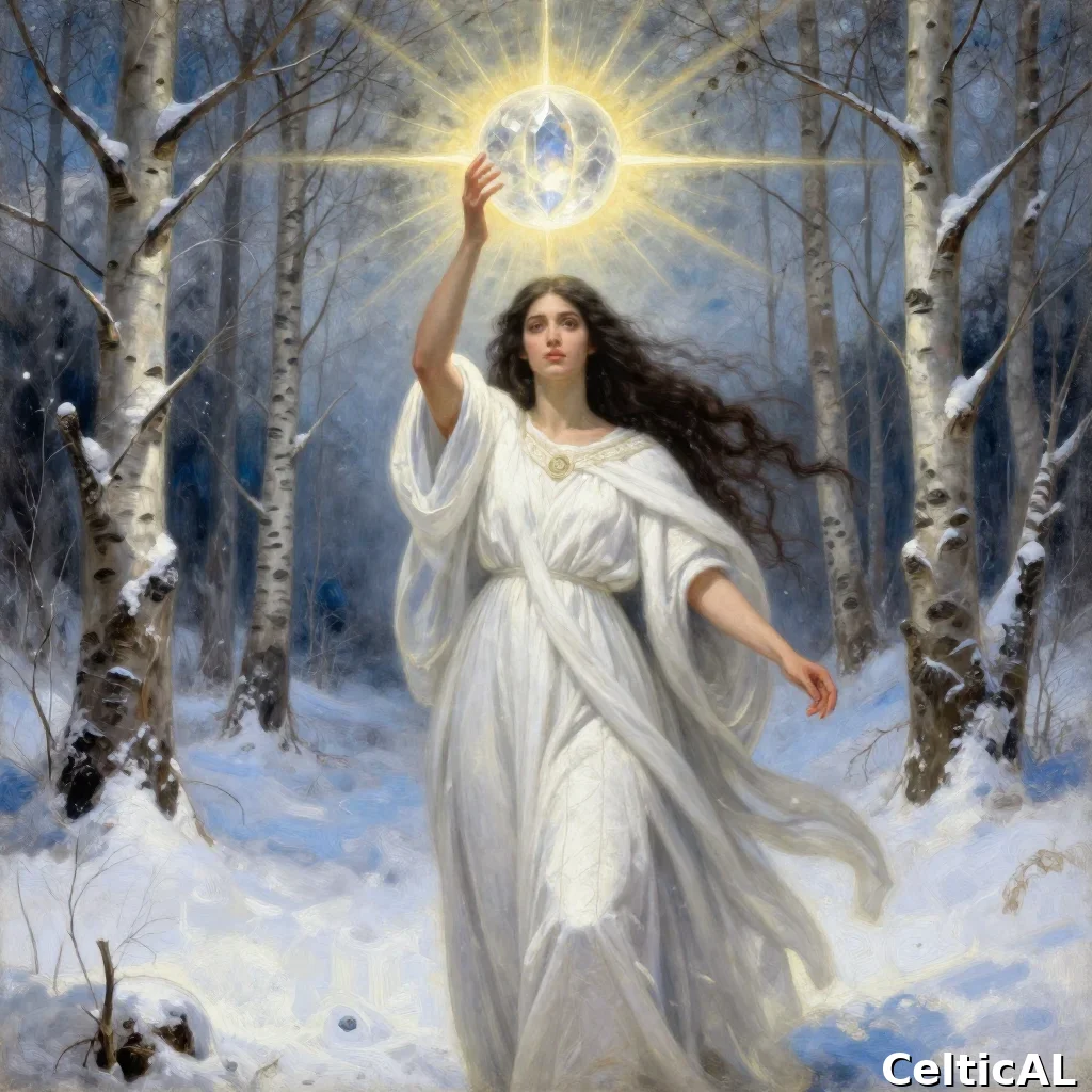 Sacerdotessa celtica che innalza una sfera di luce nel rituale di purificazione invernale