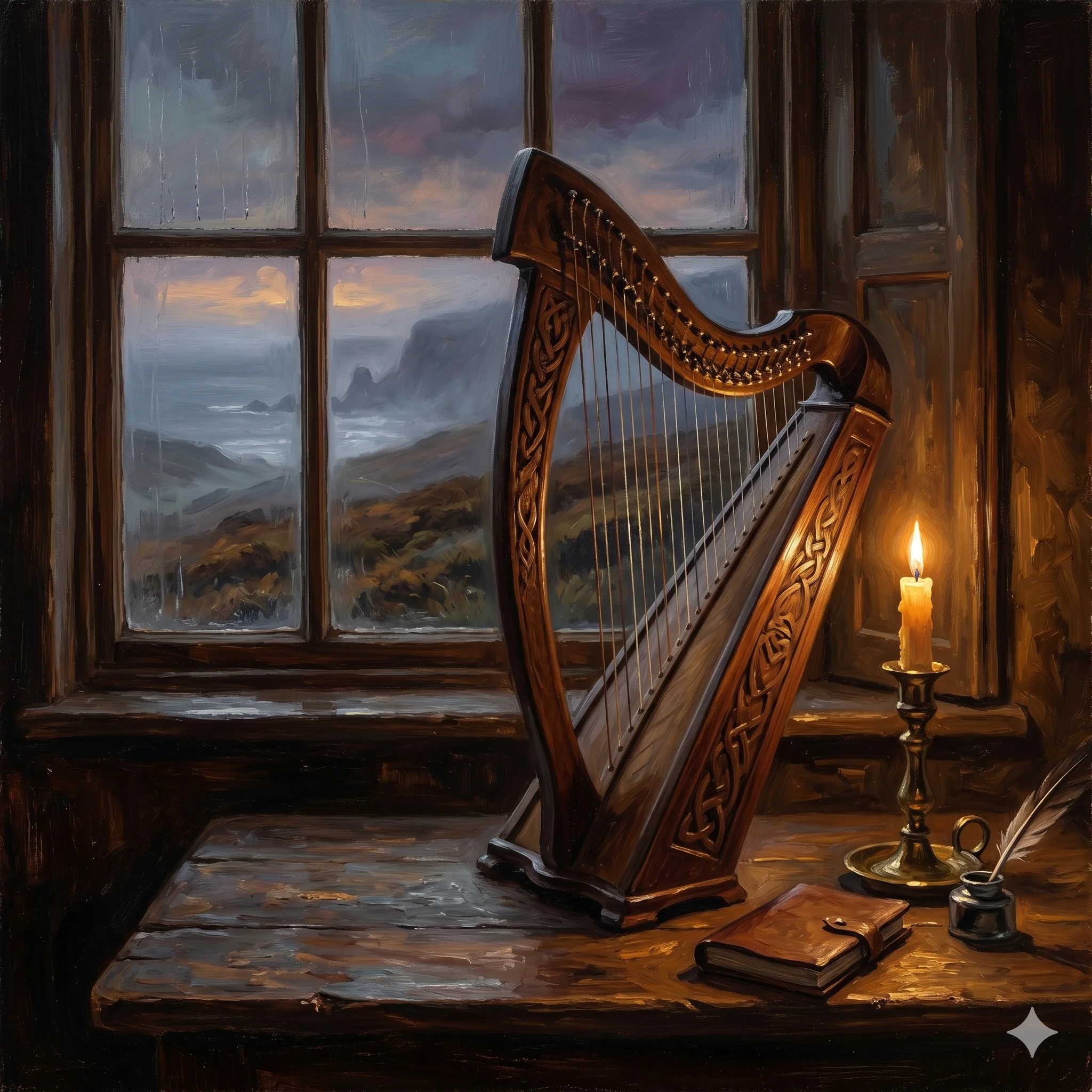 Arpa celtica su tavolo di legno illuminata da una candela, paesaggio irlandese nebbioso visibile dalla finestra, atmosfera pittorica