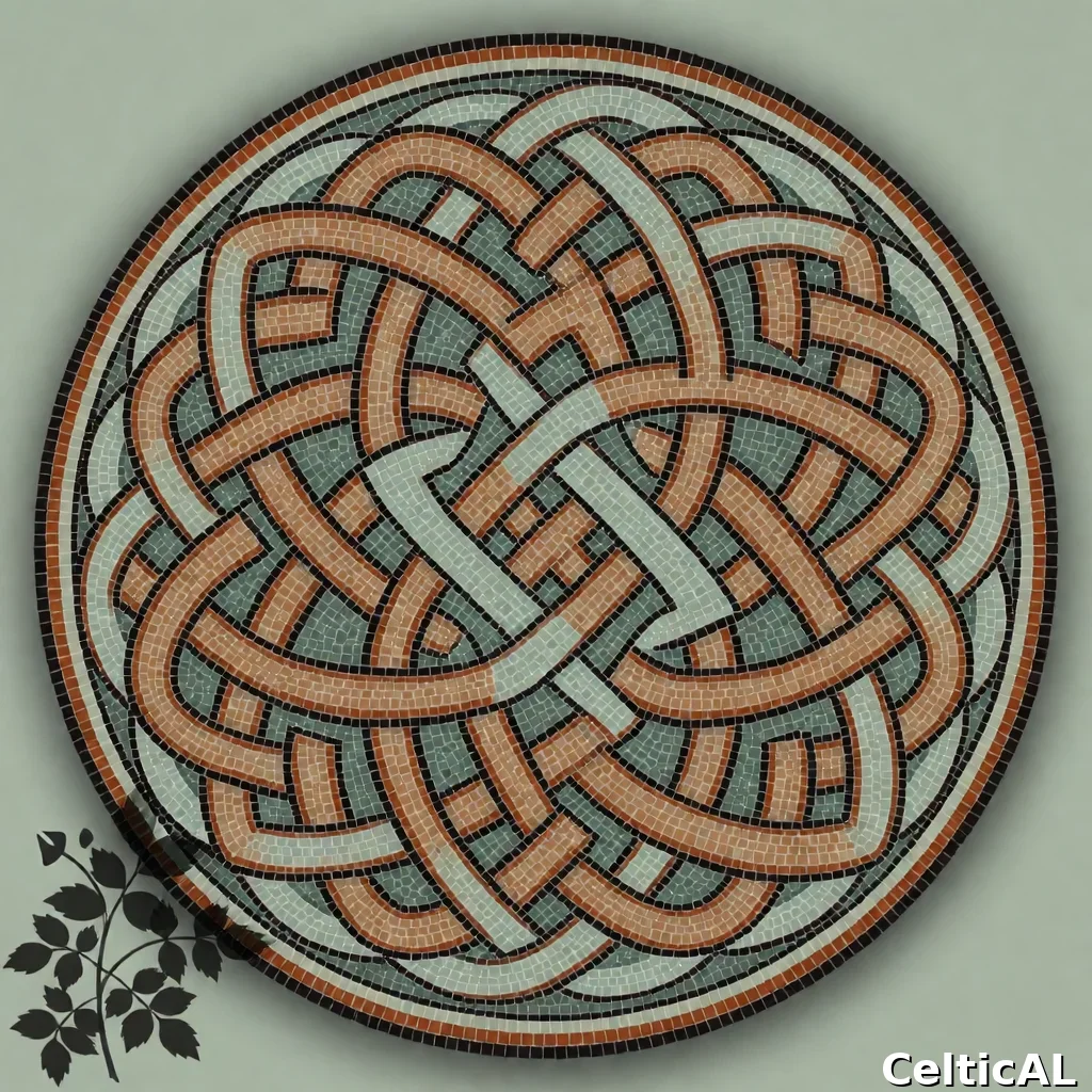 Medaglione a nodo celtico equilibrato, struttura anello senza fine, stile revival moderno, mosaico in salice, palette celadon e ruggine, su torbiera; L'intreccio è accompagnato da rosa canina, con resa silhouette stilizzata.