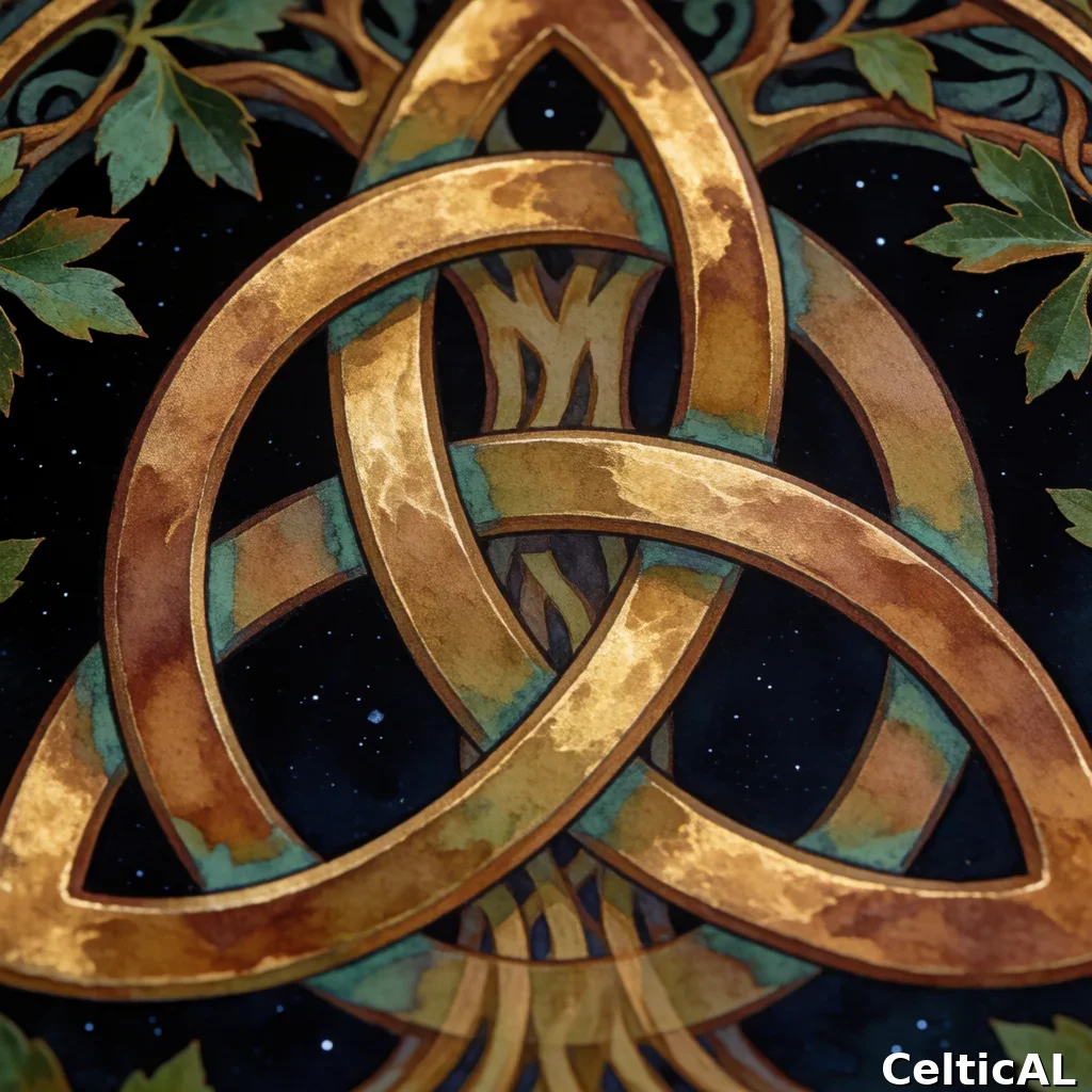 Nodo celtico senza fine ornato, struttura triquetra, stile iberno-norrena, acquerello in bronzo, palette patina verderame, su oscurità stellata; Compare anche il motivo albero della vita sovrimpressione spettrale; L'intreccio è accompagnato da biancospino, con resa a bordo incorniciante.