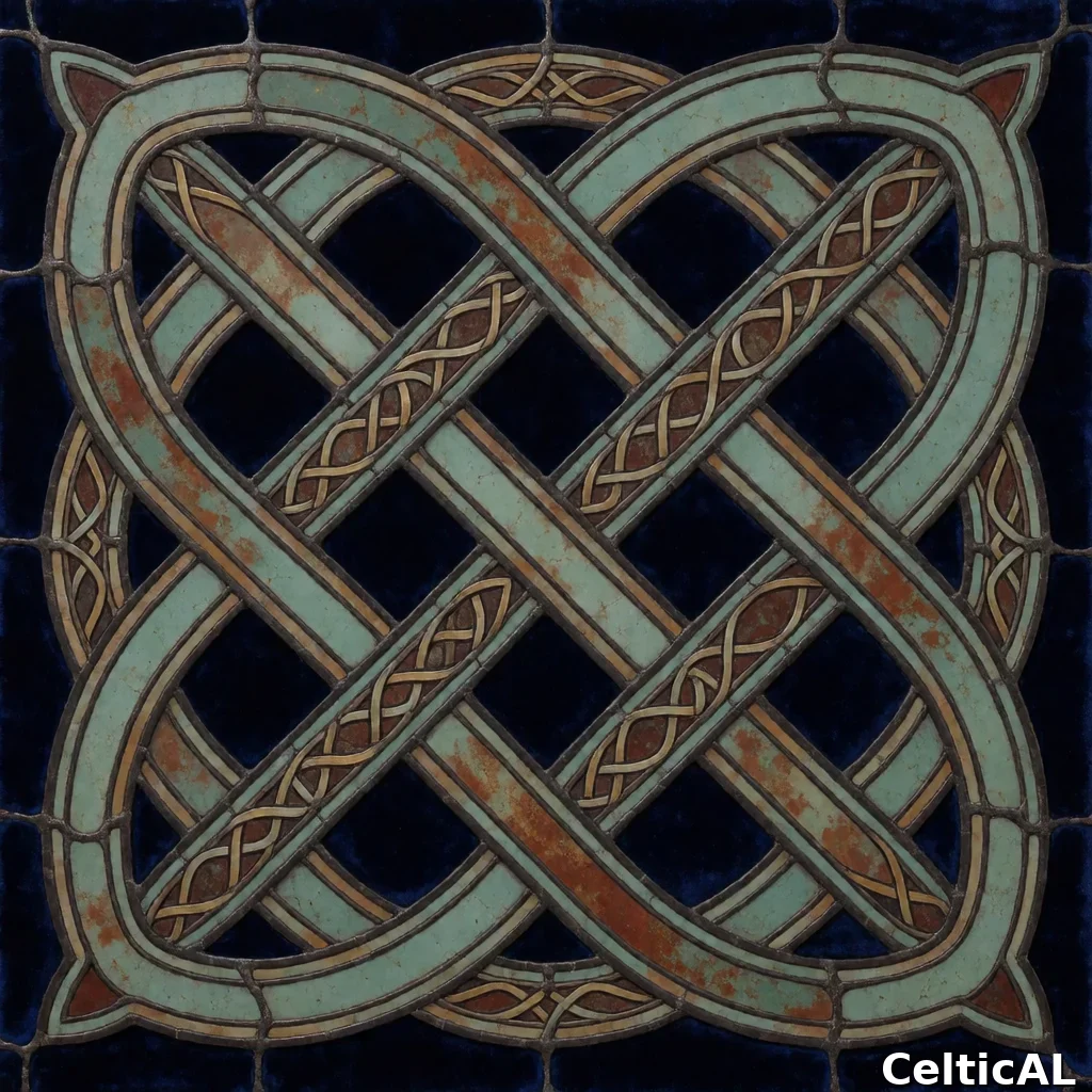 Disegno a intreccio insulare ornato, struttura anello senza fine, stile Hallstatt, vetrata in ottone, palette celadon e ruggine, su velluto blu notte.