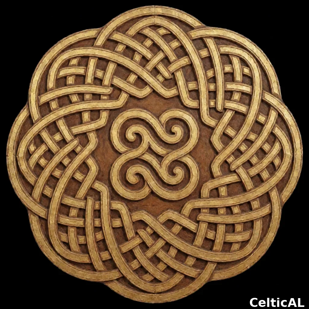 Medaglione a nodo celtico equilibrato, struttura rosetta-mandala, stile revival moderno, intaglio su legno in oro, palette foglia d'oro su vellum, su vuoto nero; Compaiono motivi zoomorfi nascosti nell'intreccio raffiguranti corvo; Compare anche il motivo doppia spirale centrale dominante.