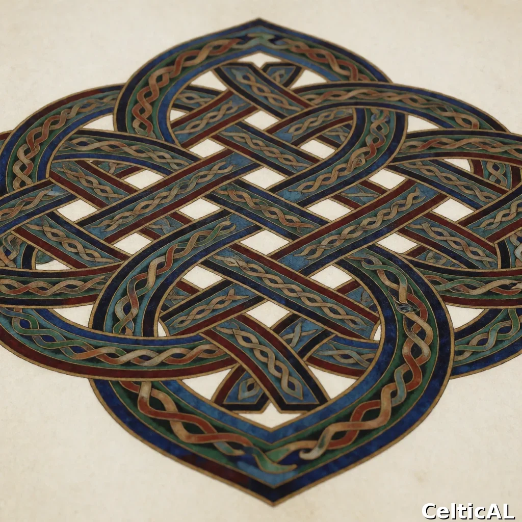 Nodo celtico intrecciato denso, struttura nodo di Salomone, stile cornica, smalto cloisonné in betulla, palette mare e sale, su vellum color crema; Compaiono motivi zoomorfi realistici raffiguranti salmone.