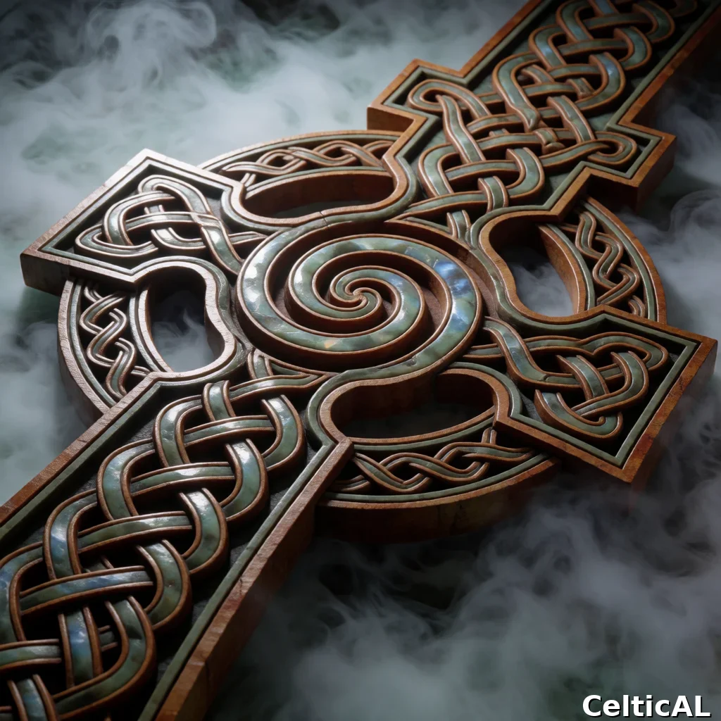 Pannello di intreccio celtico intricato, struttura croce celtica, stile insulare irlandese, intaglio su legno in pietra di luna, palette celadon e ruggine, su nebbia e foschia; Compare anche il motivo spirale centrale dominante.