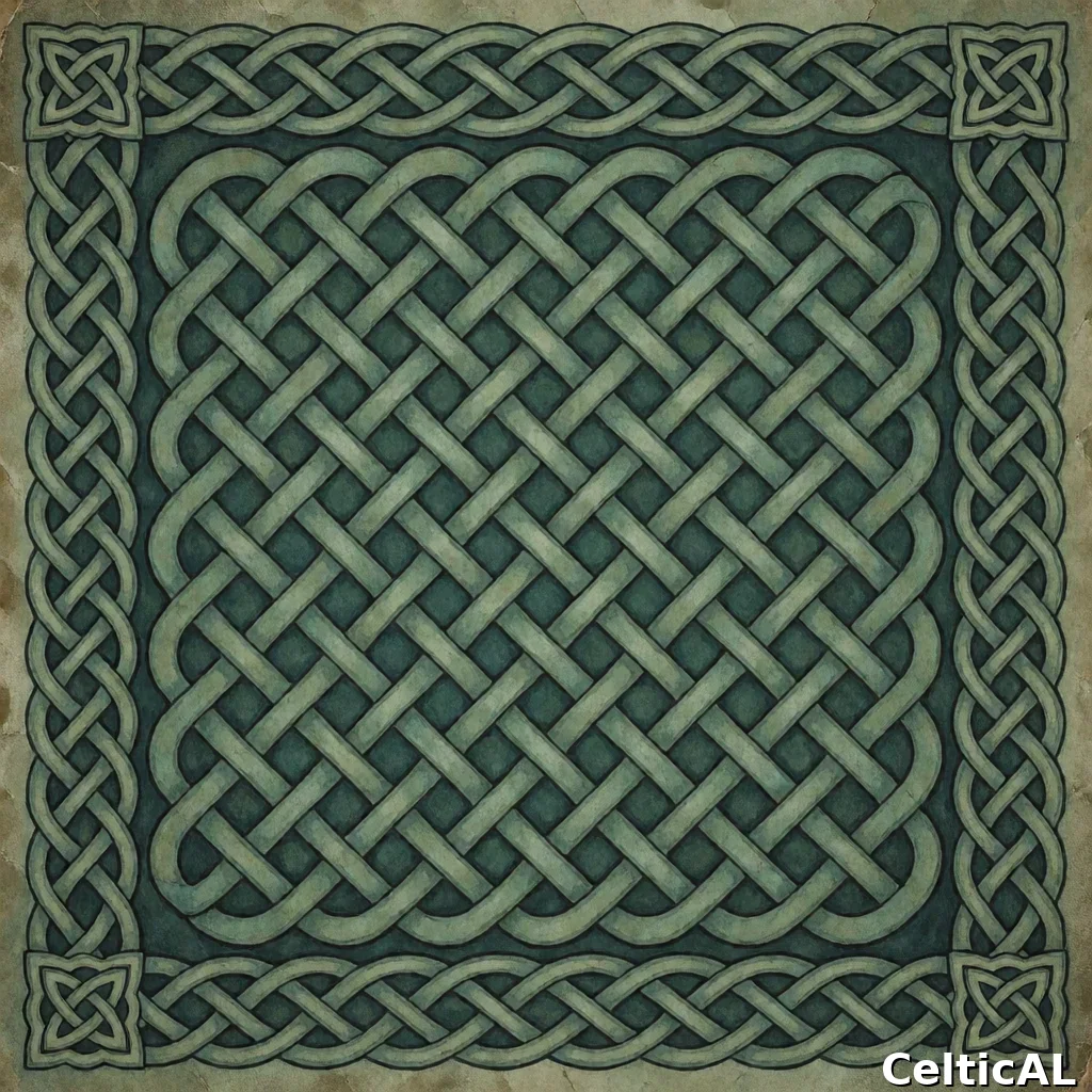 Intreccio celtico a treccia minimalista, struttura nodo Dara, stile gallese medievale, acquerello in giada, palette patina verderame, su cuoio consumato; Compare anche il motivo nodo di Salomone ripetuto sul bordo.