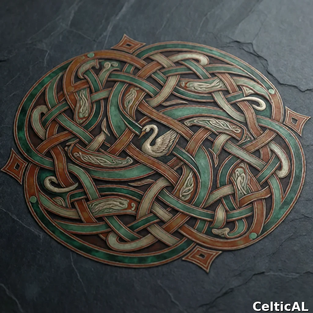 Disegno a intreccio insulare denso, struttura nodo del serpente, stile insulare irlandese, incisione su metallo in smeraldo, palette celadon e ruggine, su superficie di ardesia; Compaiono motivi zoomorfi realistici raffiguranti cigno.