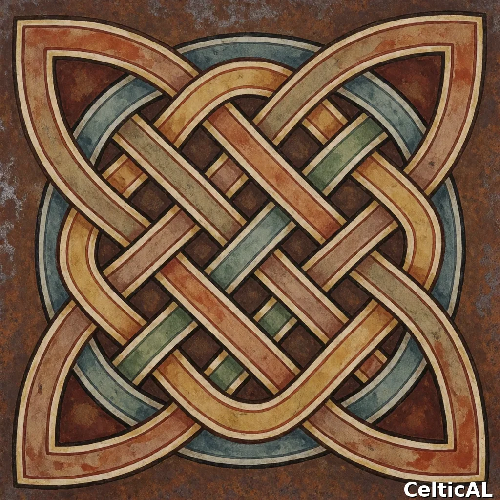 Pannello di intreccio celtico equilibrato, struttura nodo di Salomone, stile Hallstatt, acquerello in ferro battuto, palette aurora boreale, su lastra di ferro arrugginito.