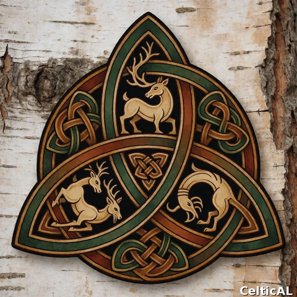 Nodo celtico intrecciato intricato, struttura nodo della trinità, stile anglosassone, linework da tatuaggio in cristallo, palette foresta e terra, su corteccia di betulla; Compaiono motivi zoomorfi fortemente stilizzati raffiguranti cervo; Compare anche il motivo nodo di Salomone a bassorilievo.