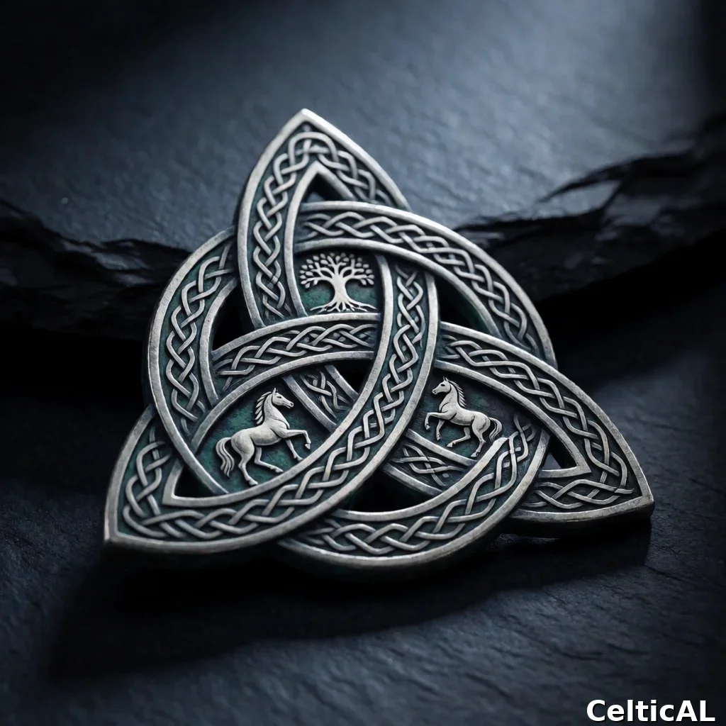Ornamento a nodo celtico equilibrato, struttura nodo del serpente, stile cornica, incisione su metallo in argento, palette patina verderame, su superficie di ardesia; Compaiono motivi zoomorfi realistici raffiguranti cavallo; Compare anche il motivo albero della vita intrecciato nel nodo.
