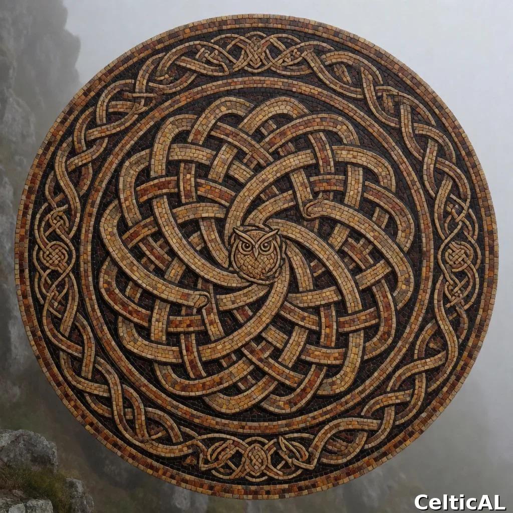 Medaglione a nodo celtico intricato, struttura nodo marinaio, stile iberno-norrena, mosaico in ambra, palette fuoco di tramonto, su nebbia e foschia; Compaiono motivi zoomorfi araldici raffiguranti gufo.