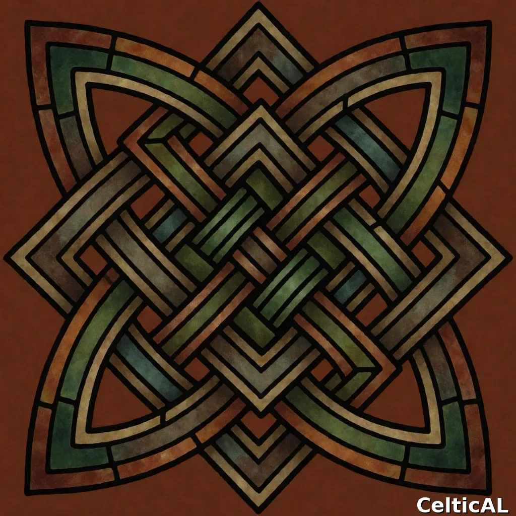 Disegno a intreccio insulare equilibrato, struttura nodo quadrato, stile pitta, vetrata in betulla, palette foresta e terra, su argilla terra di Siena.