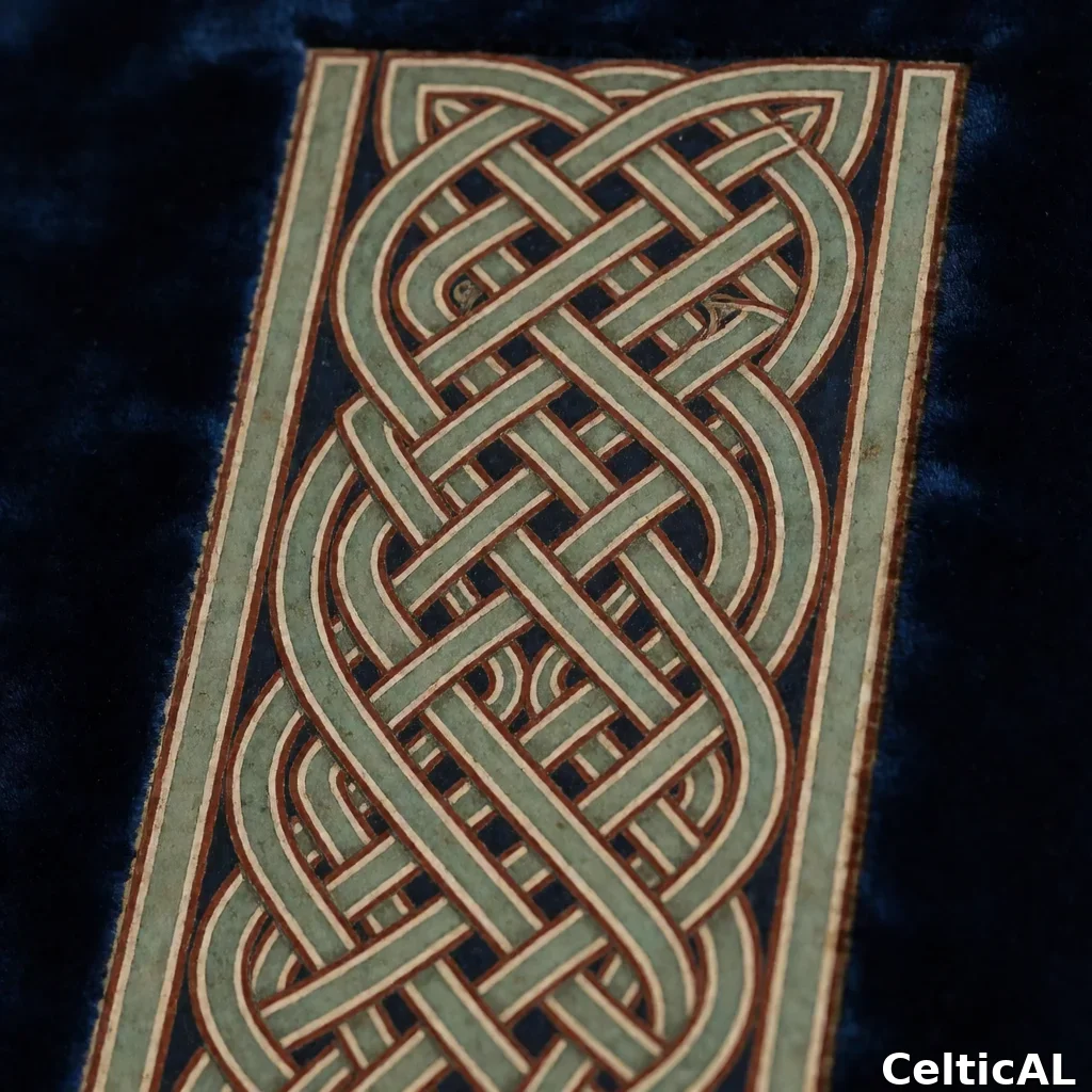 Pannello di intreccio celtico intricato, struttura bordo intrecciato, stile pitta, manoscritto miniato in granito, palette celadon e ruggine, su velluto blu notte; Compaiono motivi zoomorfi araldici raffiguranti airone.