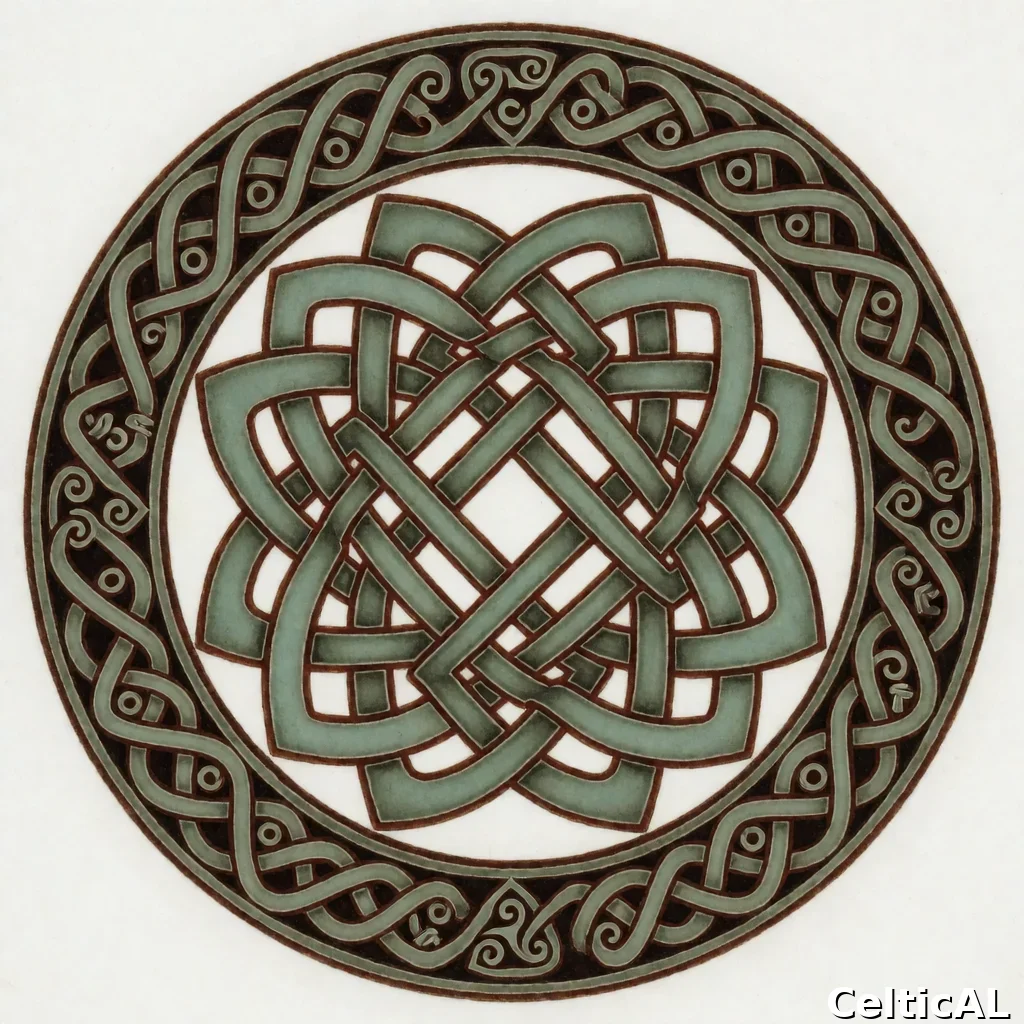 Medaglione a nodo celtico minimalista, struttura nodo quadrato, stile mannese, incisione su metallo in quercia, palette celadon e ruggine, su bianco osso; Compare anche il motivo triskele ripetuto sul bordo; L'intreccio è accompagnato da rosa canina, con resa silhouette stilizzata.