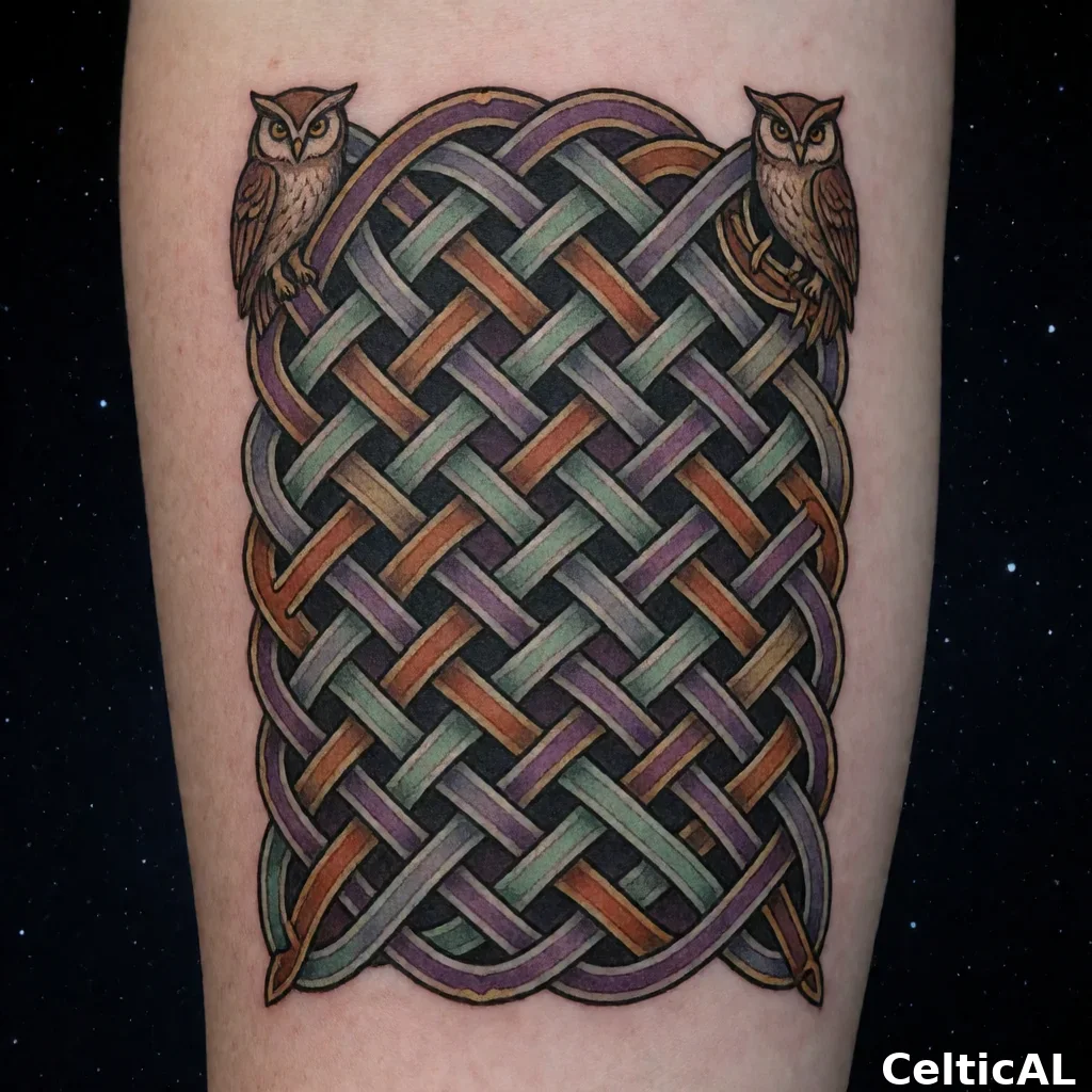 Disegno a intreccio insulare denso, struttura bordo intrecciato, stile insulare irlandese, linework da tatuaggio in ametista, palette celadon e ruggine, su oscurità stellata; Compaiono motivi zoomorfi realistici raffiguranti gufo.