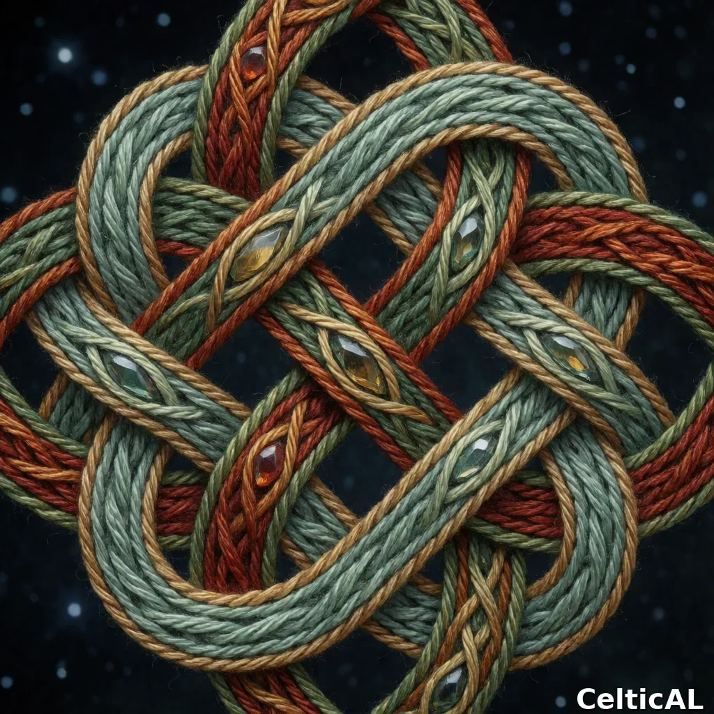 Ornamento a nodo celtico equilibrato, struttura nodo marinaio, stile iberno-norrena, ricamo in cristallo, palette celadon e ruggine, su oscurità stellata.