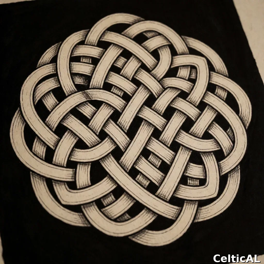 Ornamento a nodo celtico denso, struttura nodo del serpente, stile gallese medievale, disegno a inchiostro in ardesia, palette osso e ferro, su vuoto nero.