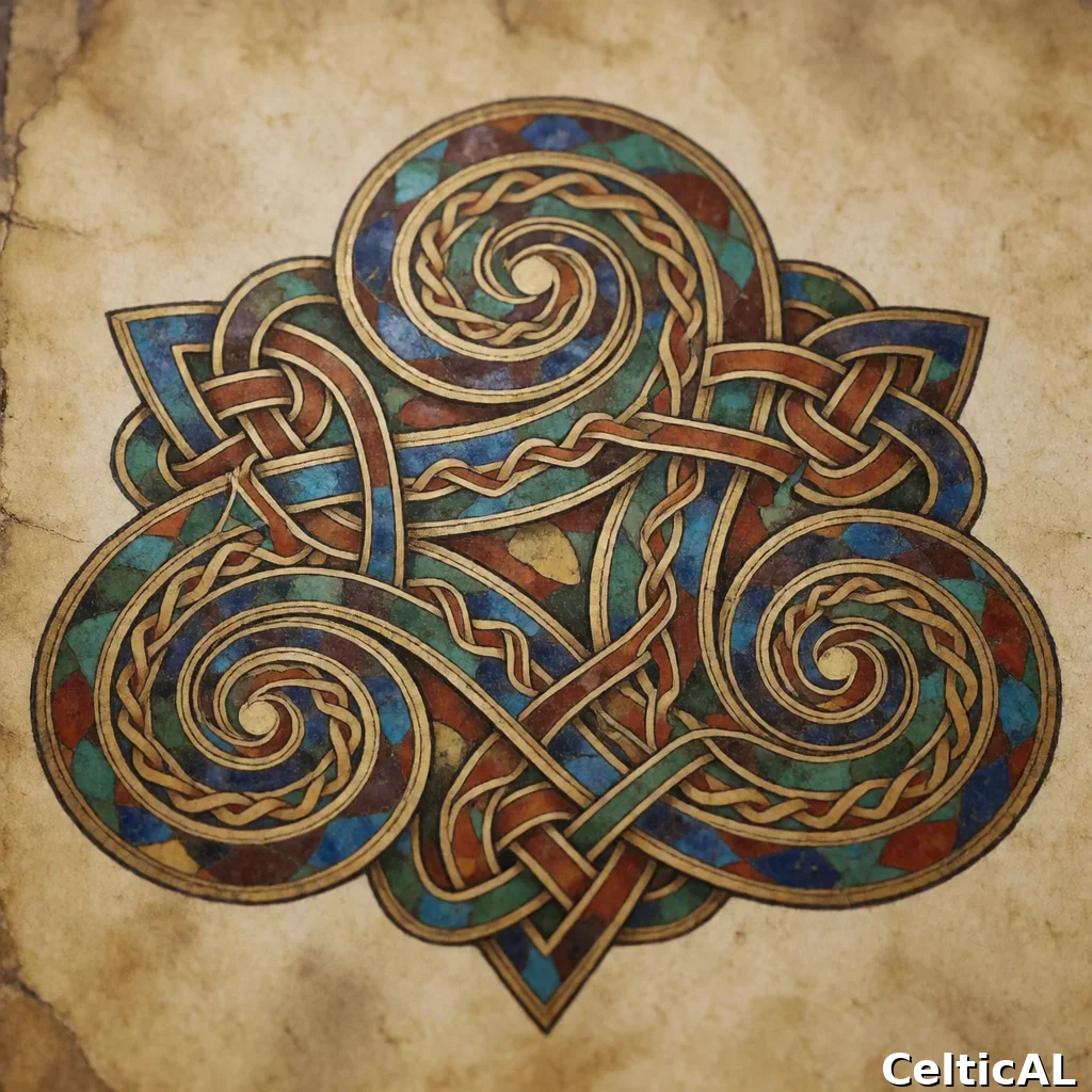 Disegno a intreccio insulare denso, struttura triskele a spirale, stile La Tène, smalto cloisonné in osso, palette inchiostro monocromatico, su pergamena invecchiata.