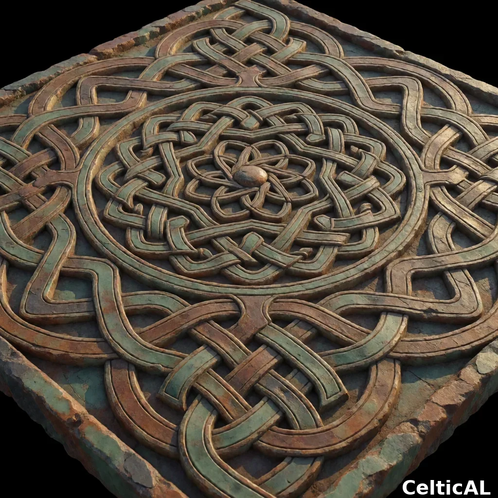 Disegno a intreccio insulare ornato, struttura rosetta-mandala, stile gallese medievale, bassorilievo in ardesia, palette celadon e ruggine, su vuoto nero.