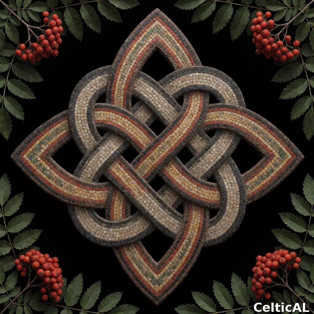 Ornamento a nodo celtico intricato, struttura nodo marinaio, stile gallese medievale, mosaico in melo, palette osso e ferro, su vuoto nero; L'intreccio è accompagnato da sorbo, con resa a bordo incorniciante.