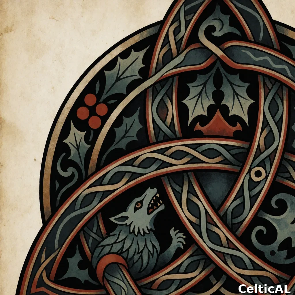 Ornamento a nodo celtico ornato, struttura triquetra, stile cornica, linework da tatuaggio in ardesia, palette celadon e ruggine, su pergamena invecchiata; Compaiono motivi zoomorfi araldici raffiguranti lupo; L'intreccio è accompagnato da agrifoglio, con resa silhouette stilizzata.