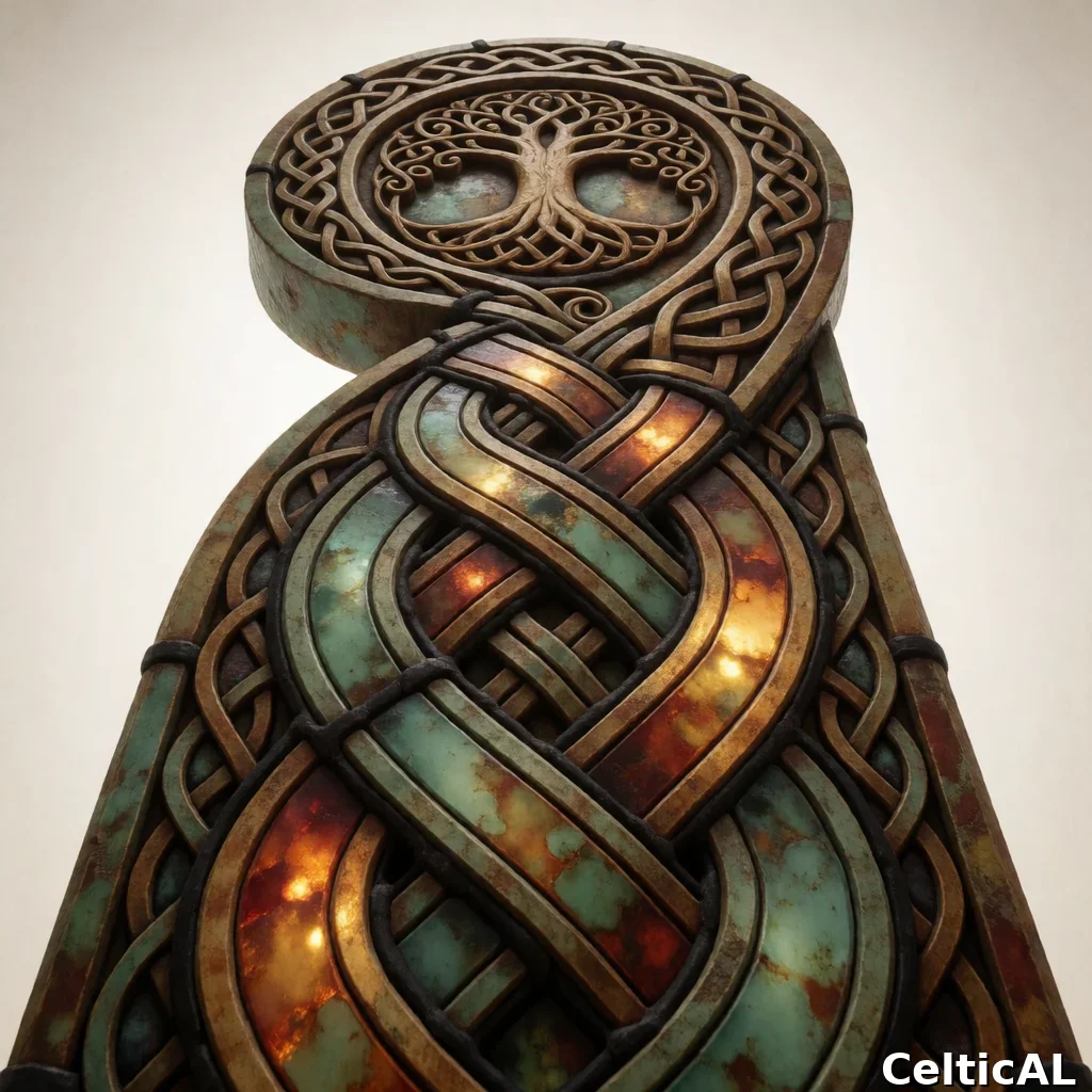 Intreccio celtico a treccia ornato, struttura nodo di Stafford, stile vichinga Urnes, vetrata in rame, palette celadon e ruggine, su bianco osso; Compare anche il motivo albero della vita a bassorilievo.