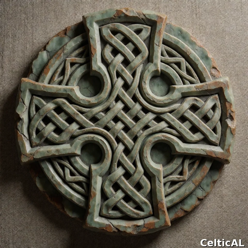 Nodo celtico intrecciato denso, struttura croce celtica, stile cornica, intaglio su pietra in betulla, palette celadon e ruggine, su lino grezzo.