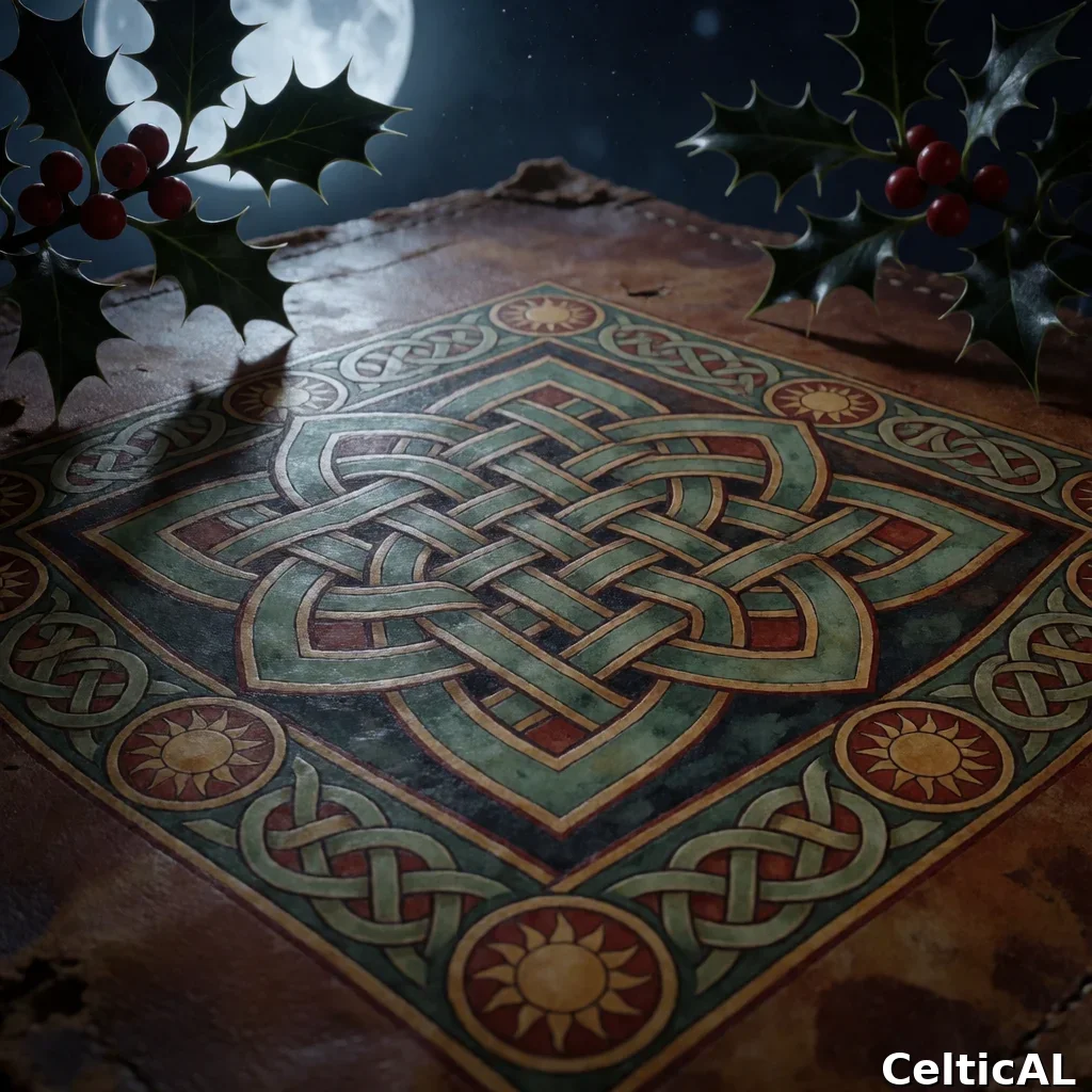 Nodo celtico senza fine ornato, struttura nodo quadrato, stile revival moderno, acquerello in cuoio, palette celadon e ruggine, su cuoio consumato; Compare anche il motivo ruota solare ripetuto sul bordo; L'intreccio è accompagnato da agrifoglio, con resa silhouette stilizzata.