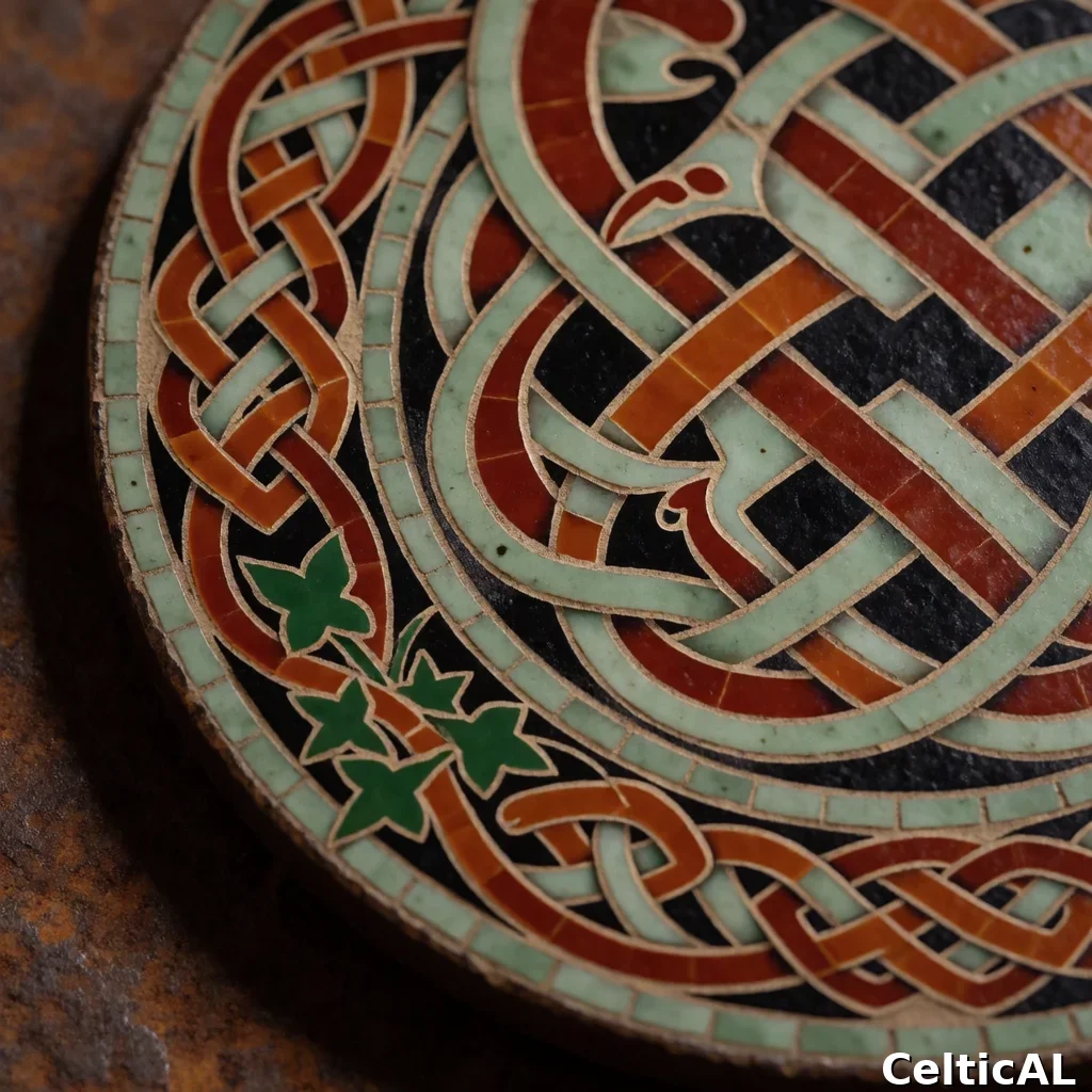 Ornamento a nodo celtico minimalista, struttura nodo del serpente, stile pitta, mosaico in sorbo, palette celadon e ruggine, su lastra di ferro arrugginito; Compaiono motivi zoomorfi fortemente stilizzati raffiguranti lontra; Compare anche il motivo nodo di Salomone ripetuto sul bordo; L'intreccio è accompagnato da edera, con resa accento rado.