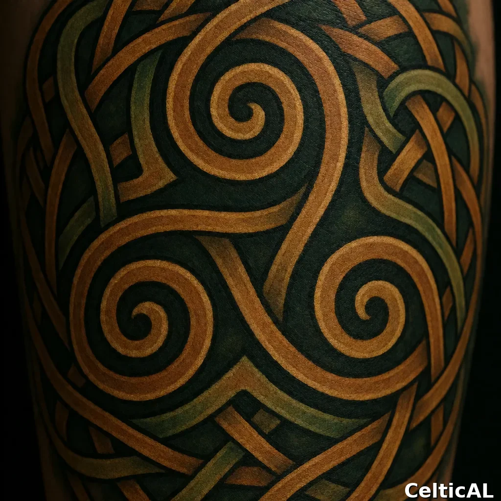 Disegno a intreccio insulare intricato, struttura triskele a spirale, stile revival moderno, linework da tatuaggio in ambra, palette foresta e terra, su torbiera.