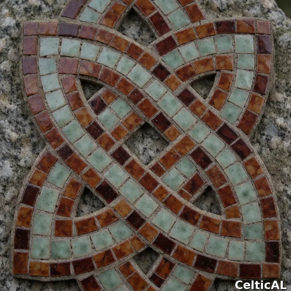 Disegno a intreccio insulare minimalista, struttura nodo degli amanti, stile pitta, mosaico in quercia, palette celadon e ruggine, su granito eroso.