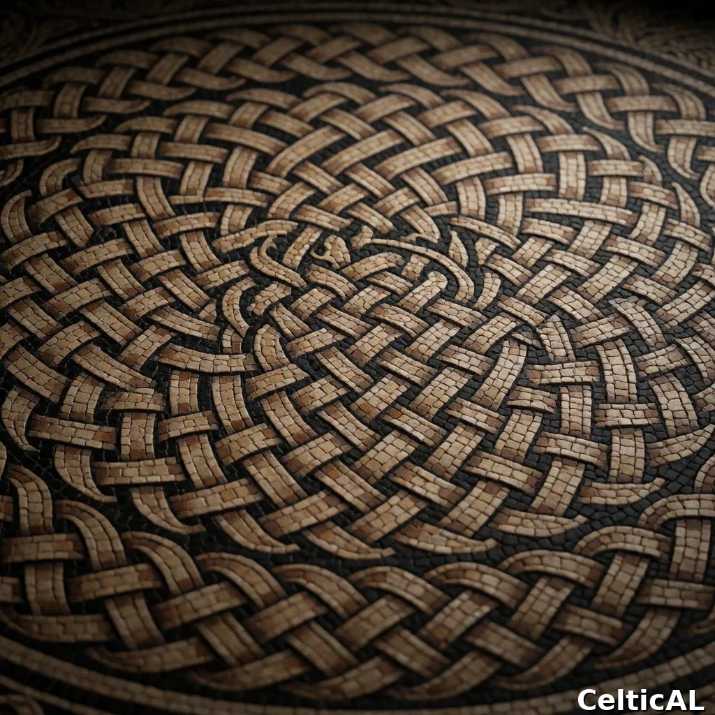 Intreccio celtico a treccia denso, struttura rosetta-mandala, stile anglosassone, mosaico in melo, palette torba e erica, su torbiera; Compaiono motivi zoomorfi fortemente stilizzati raffiguranti gufo; L'intreccio è accompagnato da sorbo, con resa intrecciata col nodo.