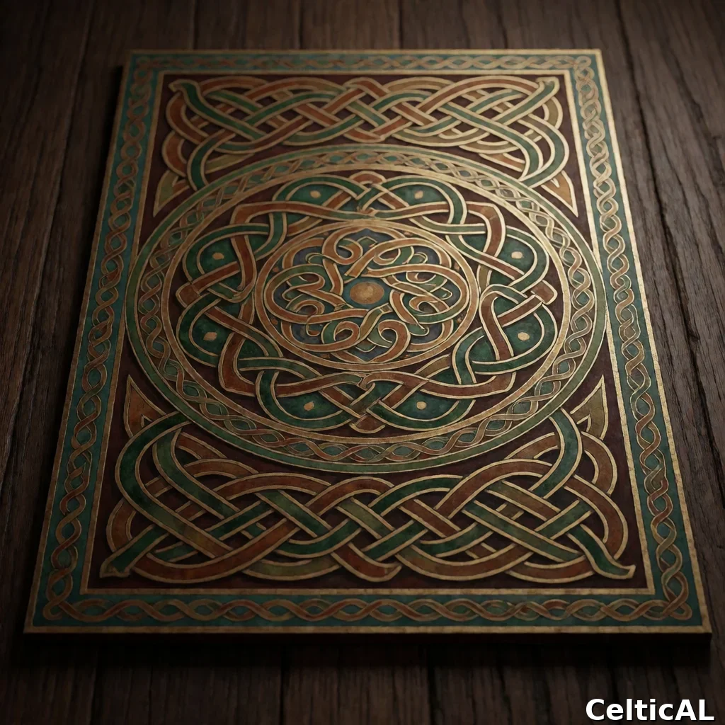 Pannello di intreccio celtico ornato, struttura rosetta-mandala, stile insulare irlandese, smalto cloisonné in rame, palette foresta e terra, su pannello di quercia scura.