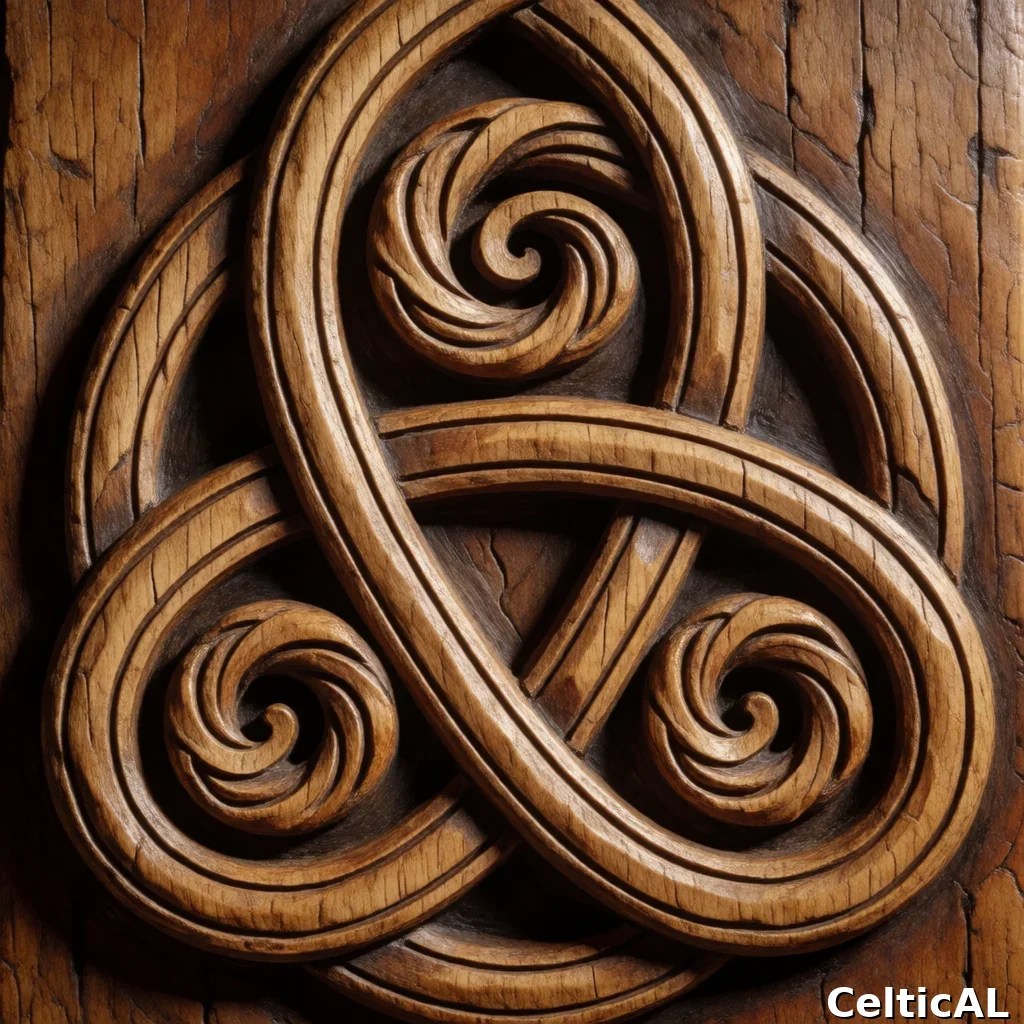 Nodo celtico senza fine ornato, struttura triskele a spirale, stile iberno-norrena, intaglio su legno in melo, palette aurora boreale, su torbiera.