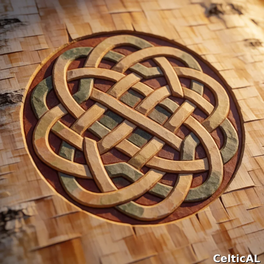 Intreccio celtico a treccia minimalista, struttura nodo di Stafford, stile insulare irlandese, intaglio su pietra in smeraldo, palette torba e erica, su corteccia di betulla.
